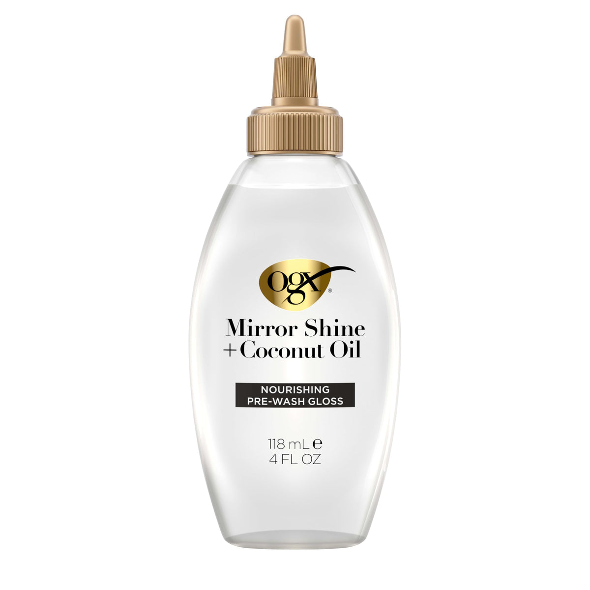 OGX front packaging showing bottle and shine benefits for glossy results