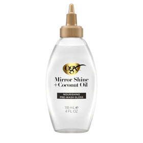 OGX front packaging showing bottle and shine benefits for glossy results