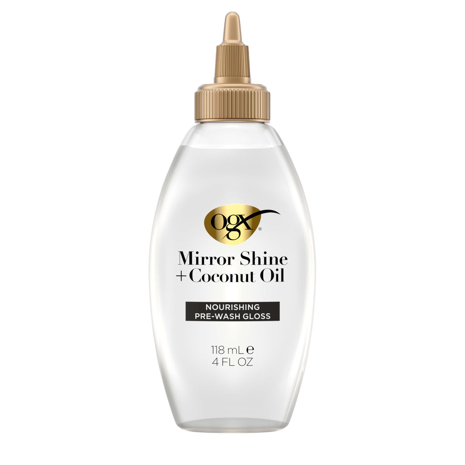 OGX front packaging showing bottle and shine benefits for glossy results