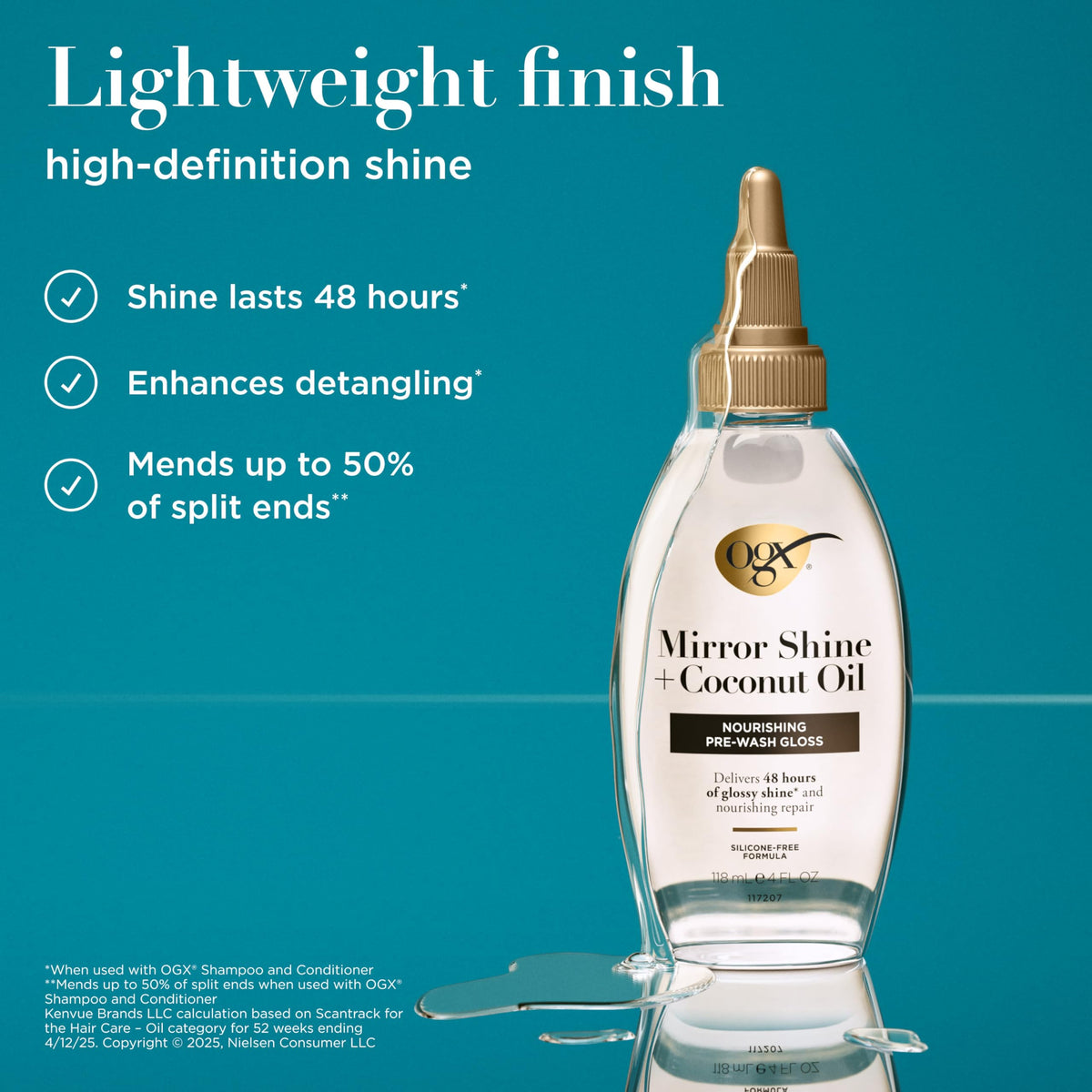 OGX product dispensed on palm showing lightweight oil texture and control