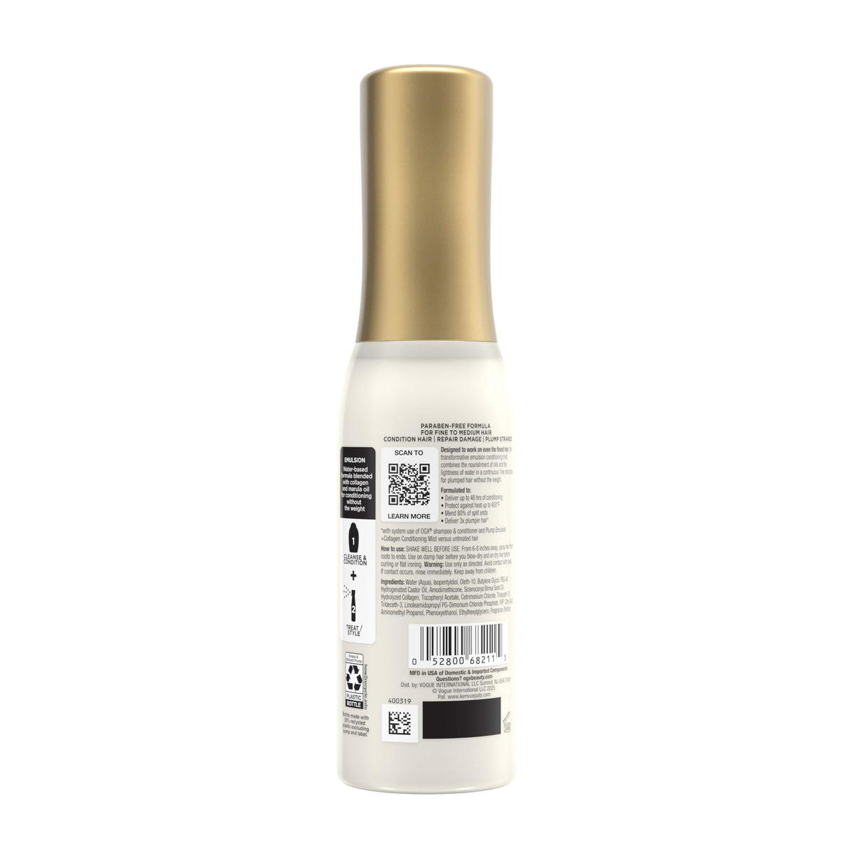 OGX Plump Emulsion label close-up showing directions and ingredients for informed, confident use
