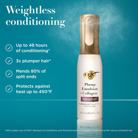 OGX Plump Emulsion fine mist spray demonstrating even distribution for lightweight volume and manageability