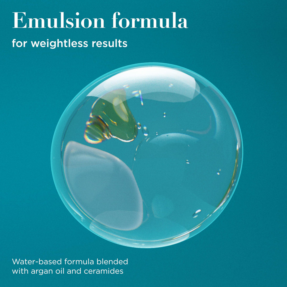 OGX Plump Emulsion droplet on hand highlighting water-based texture for weightless conditioning benefit