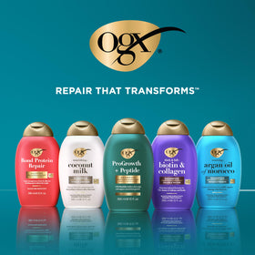 OGX pouring a measured amount to show 13 fl oz size and control