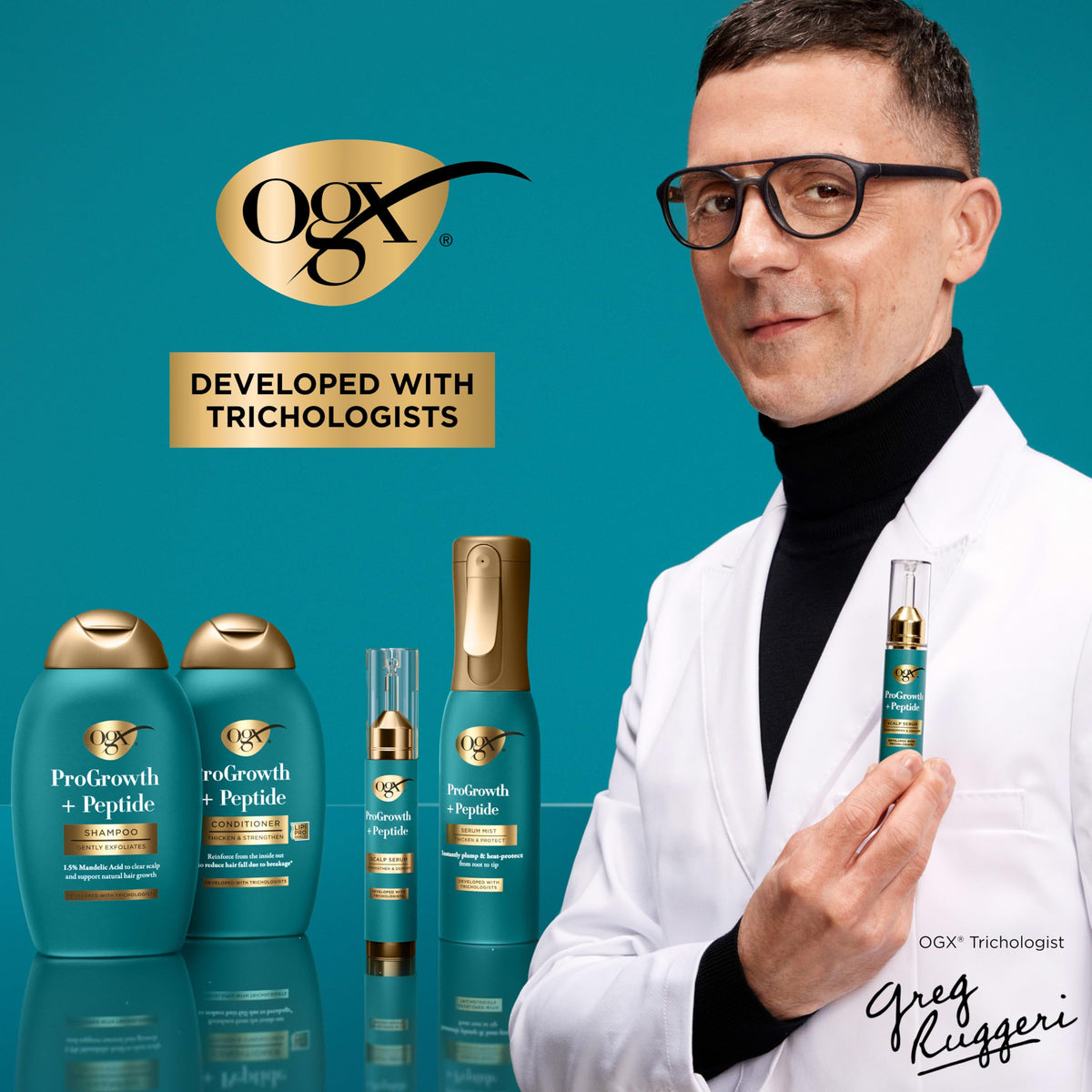 OGX pen on bathroom shelf with other products, easy daily routine benefit