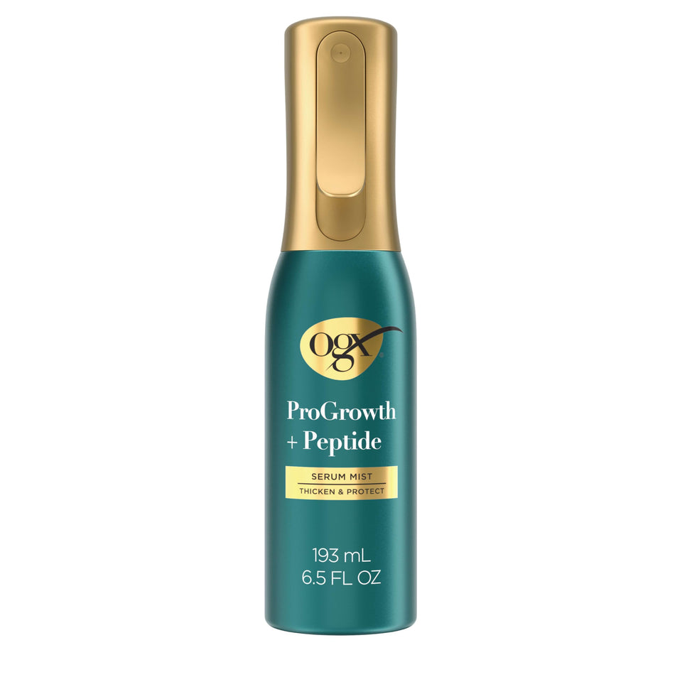 OGX bottle front packaging showing ProGrowth + Peptide Mist benefits