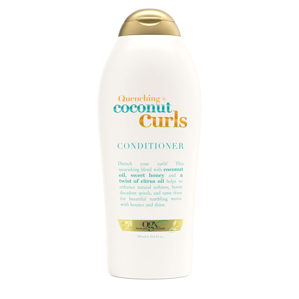 OGX front packaging of coconut curls conditioner shows product and benefits