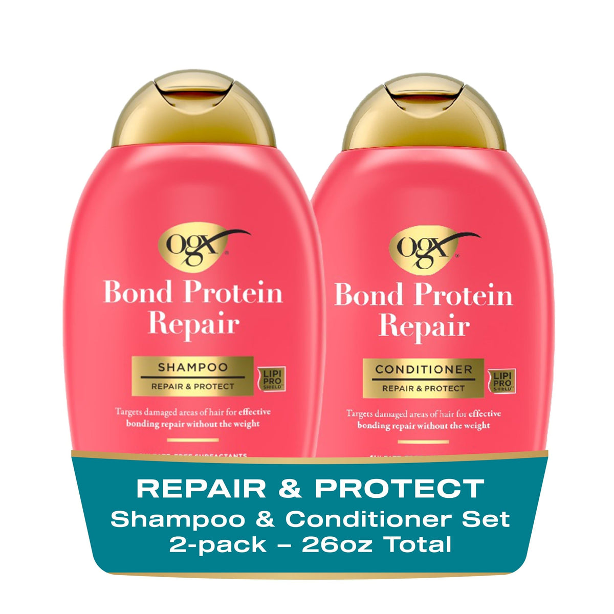 OGX front packaging of repair and protect set showing bottles and benefits