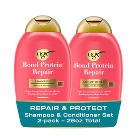 OGX front packaging of repair and protect set showing bottles and benefits