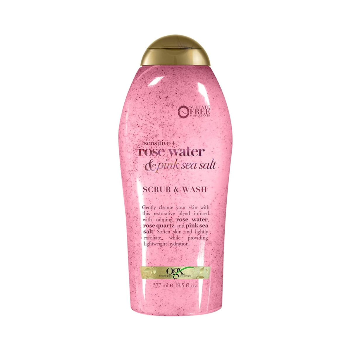 OGX front packaging showing bottle and rosewater scent for calming cleanse