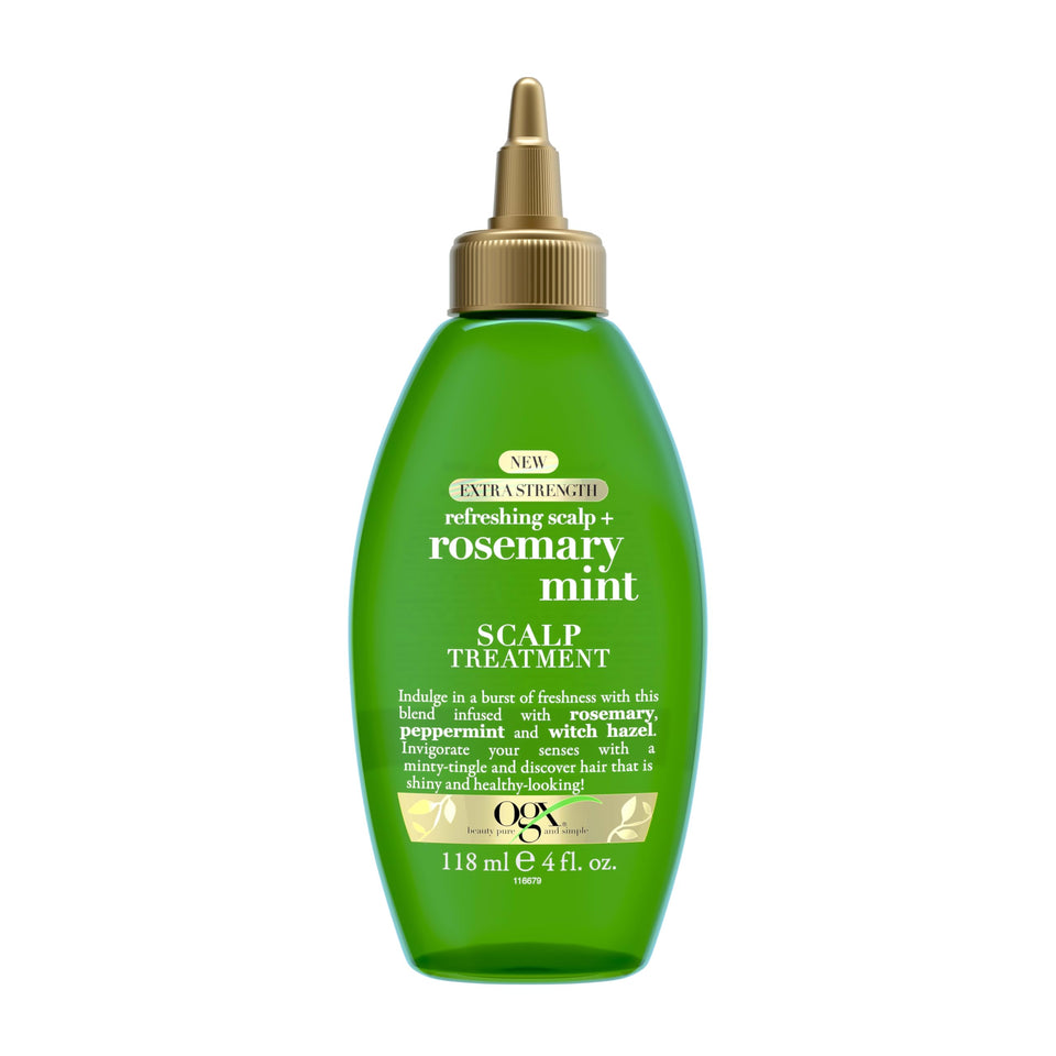 OGX bottle front view showing label and mint rosemary benefits