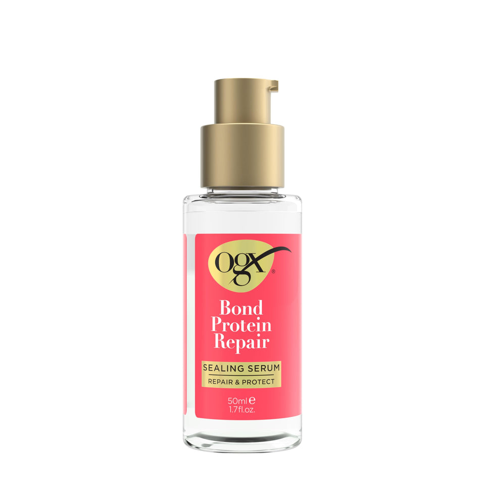 OGX sealing serum front packaging shows product and benefits