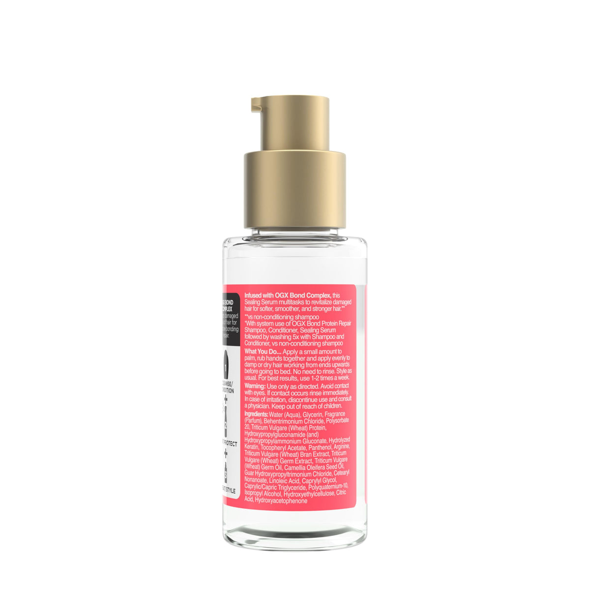 OGX sealing serum styled on model showing sleek, frizz-free hair