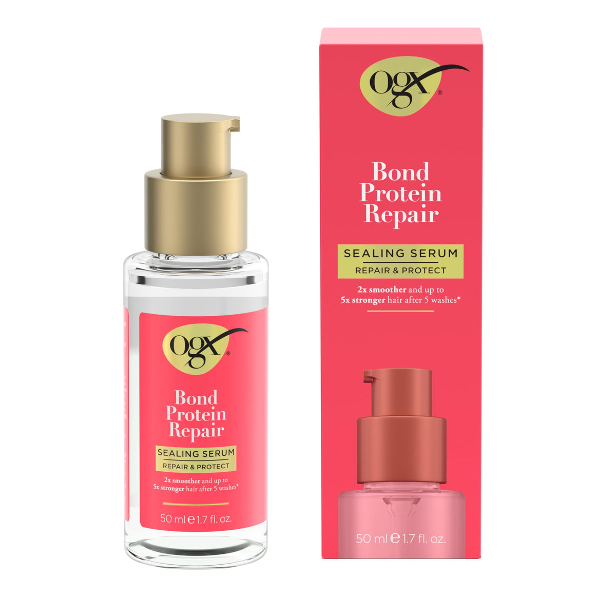 OGX sealing serum pump detail highlights easy controlled dispensing