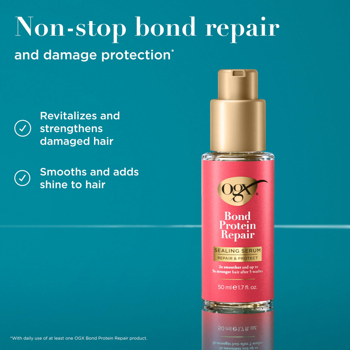 OGX sealing serum texture close-up shows silky gel for smooth results