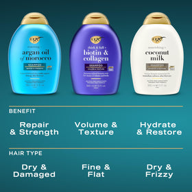 OGX bottles held in hand to show 25.4 fl oz size and travel-ready amount