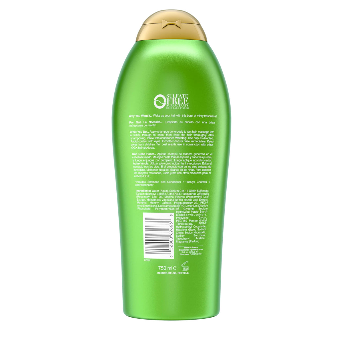 OGX bottle in hand for scale showing large 25.4 fl oz travel-friendly size