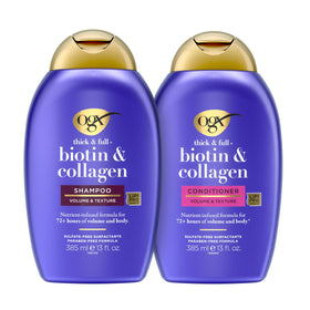 OGX bottle front packaging showing volumizing set and benefits