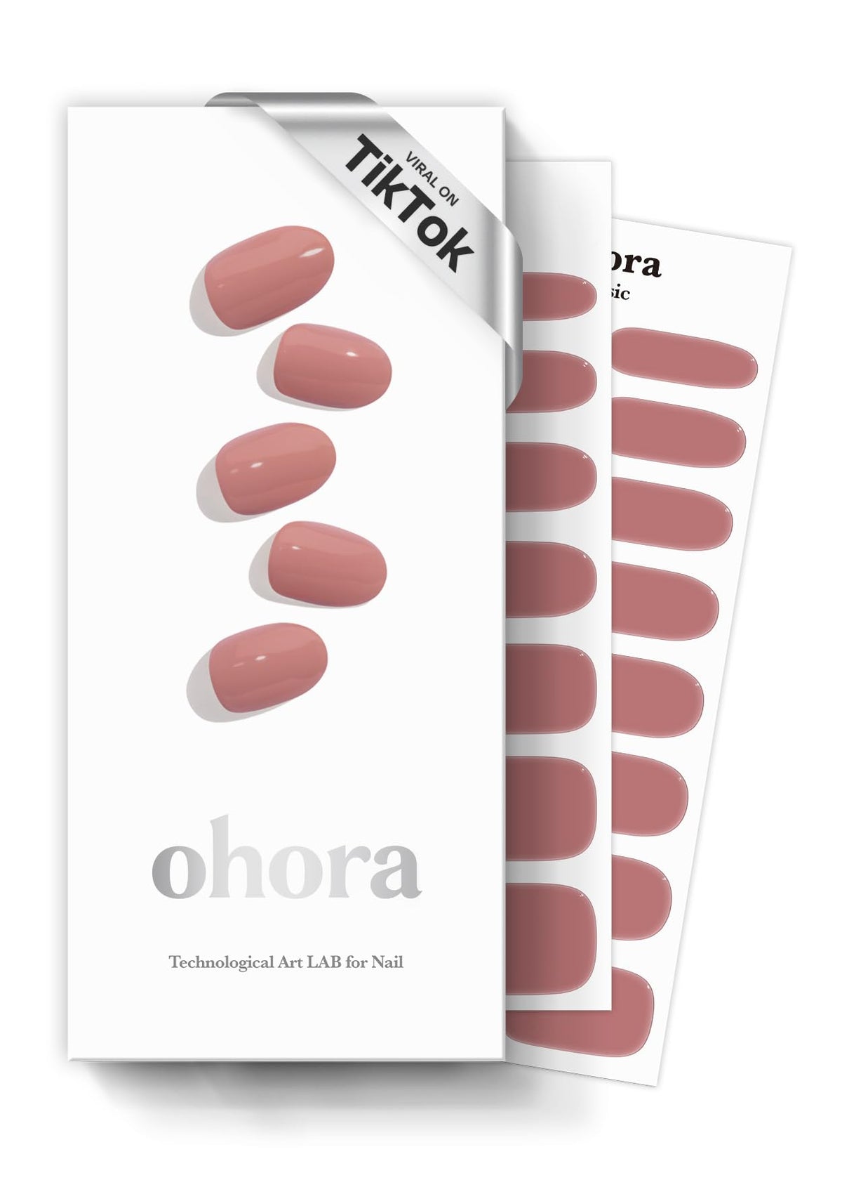 ohora front packaging showing N Ash Pink strips and included tools for easy at-home nails