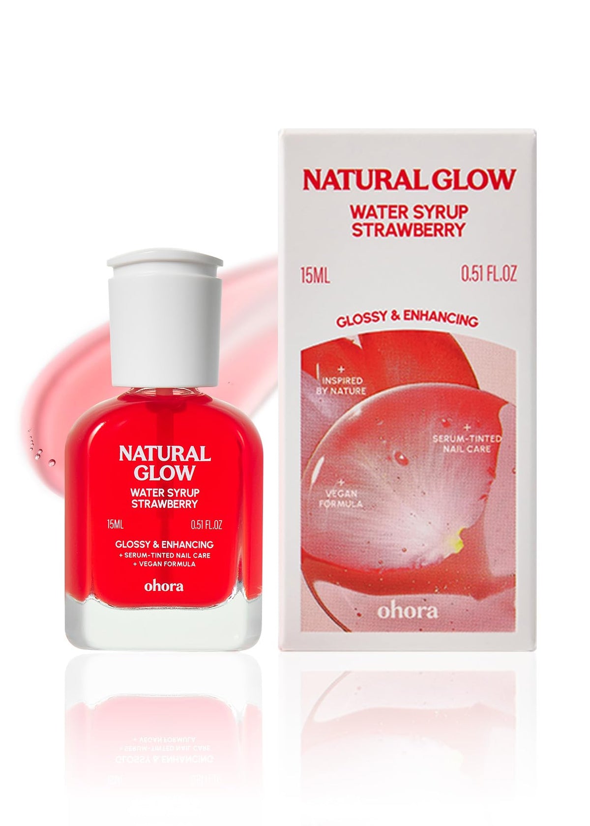 ohora bottle front packaging showing strawberry tint and glossy finish benefit