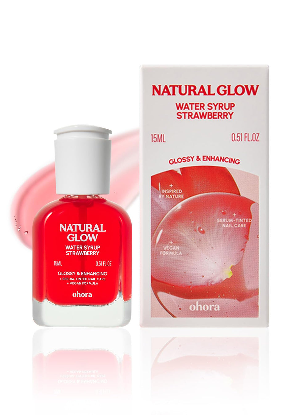 ohora bottle front packaging showing strawberry tint and glossy finish benefit