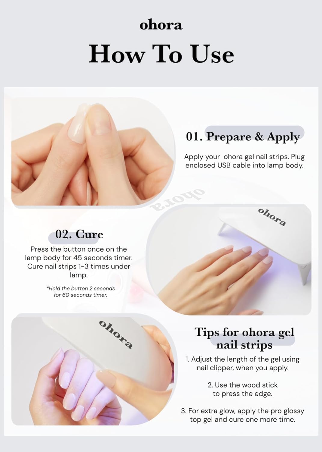 ohora lamp curing a gel strip on a nail delivering salon-like shine benefit
