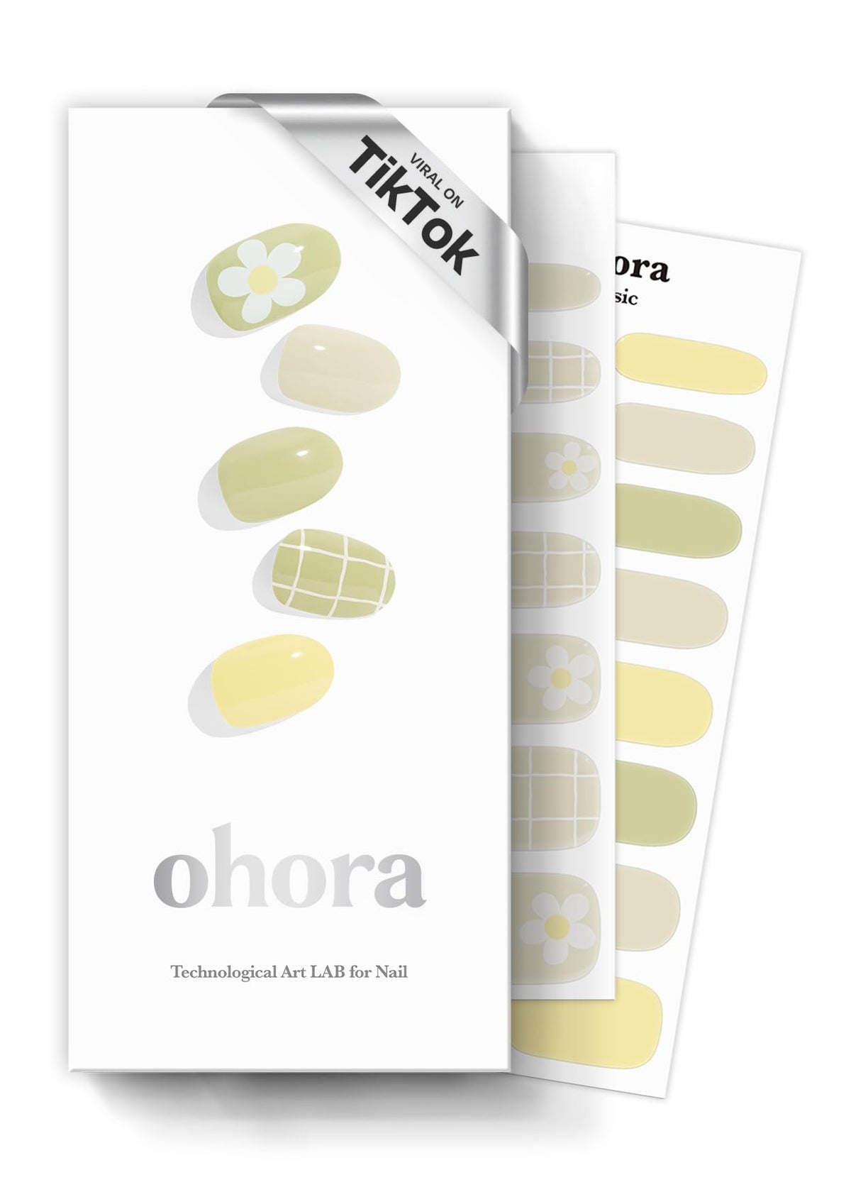 ohora front packaging showing green patterned strips and included tools for quick application
