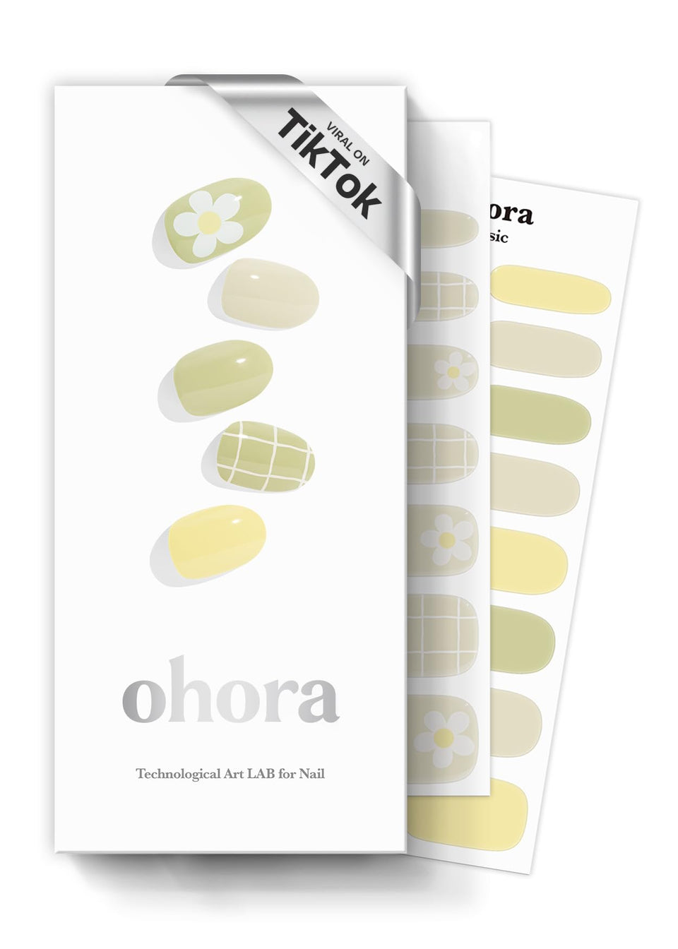 ohora front packaging showing green patterned strips and included tools for quick application