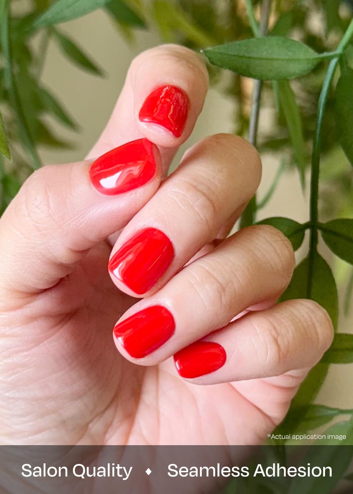 ohora model wearing N Hot Cherry strips showing salon-quality glossy finish and confidence