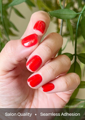 ohora model wearing N Hot Cherry strips showing salon-quality glossy finish and confidence