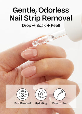 ohora remover applied to a nail strip demonstrating fast lifting and gentle removal