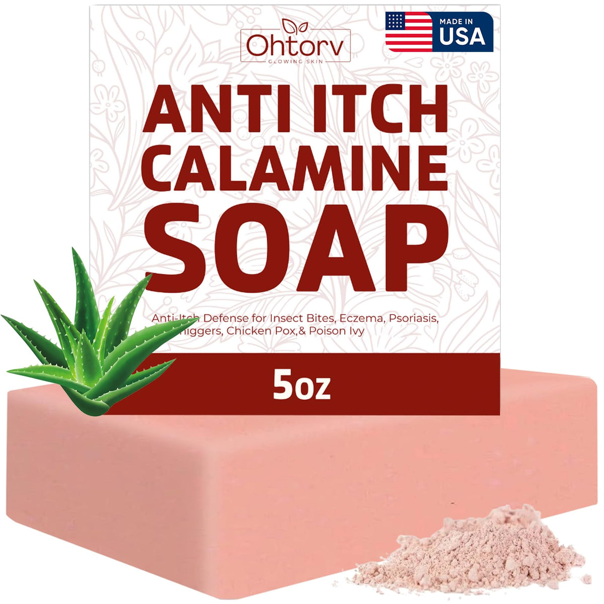 Ohrtov calamine soap front packaging showing product and size benefits