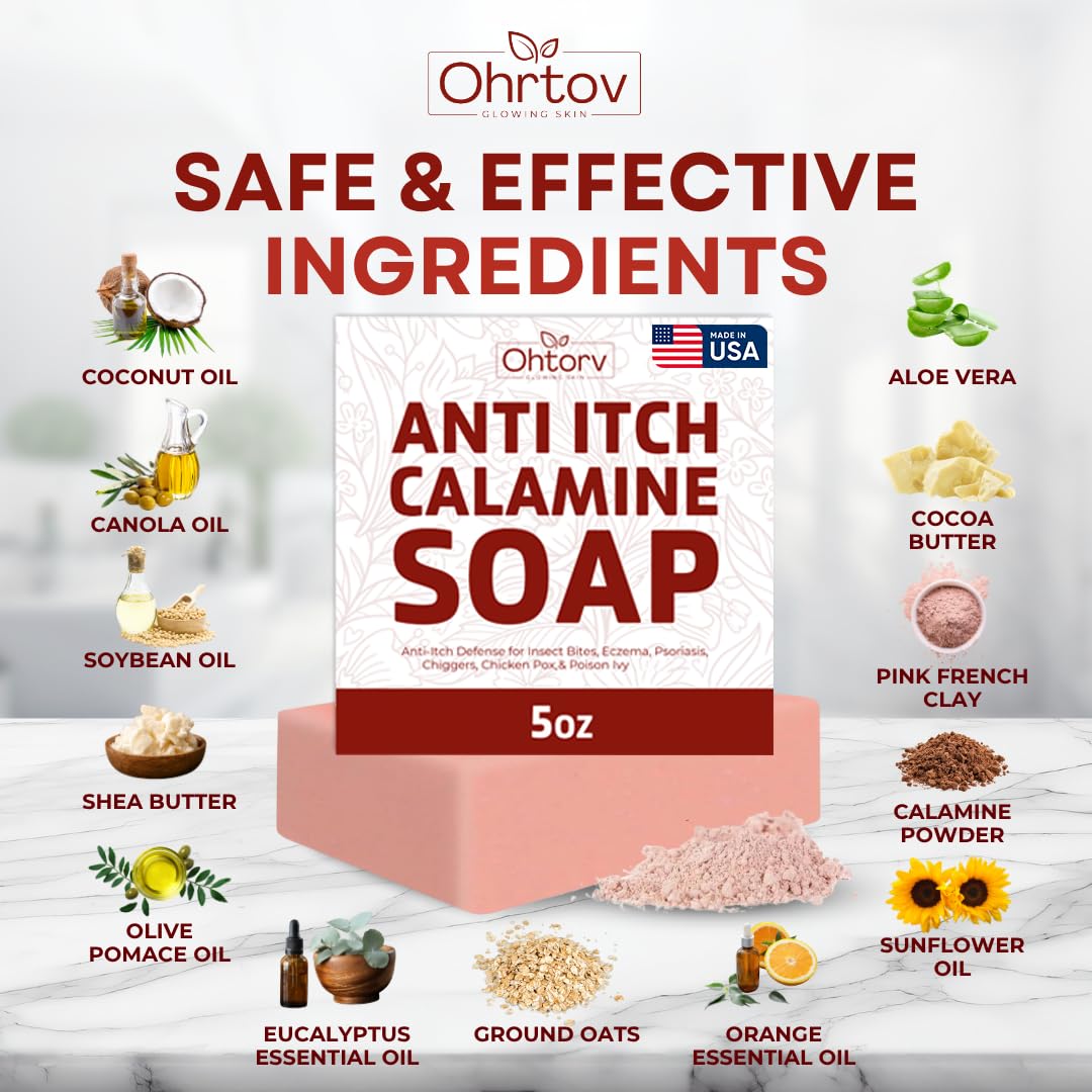 Ohrtov calamine soap in hand showing 5 oz size and travel friendliness