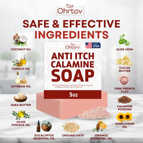 Ohrtov calamine soap in hand showing 5 oz size and travel friendliness