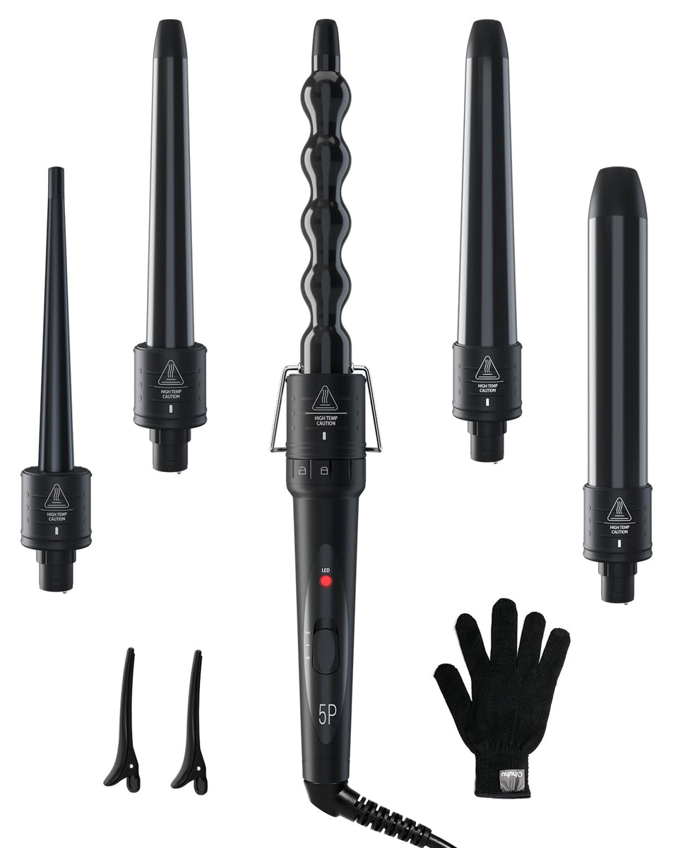 Ohuhu front packaging showing full 5-in-1 curling wand kit benefits