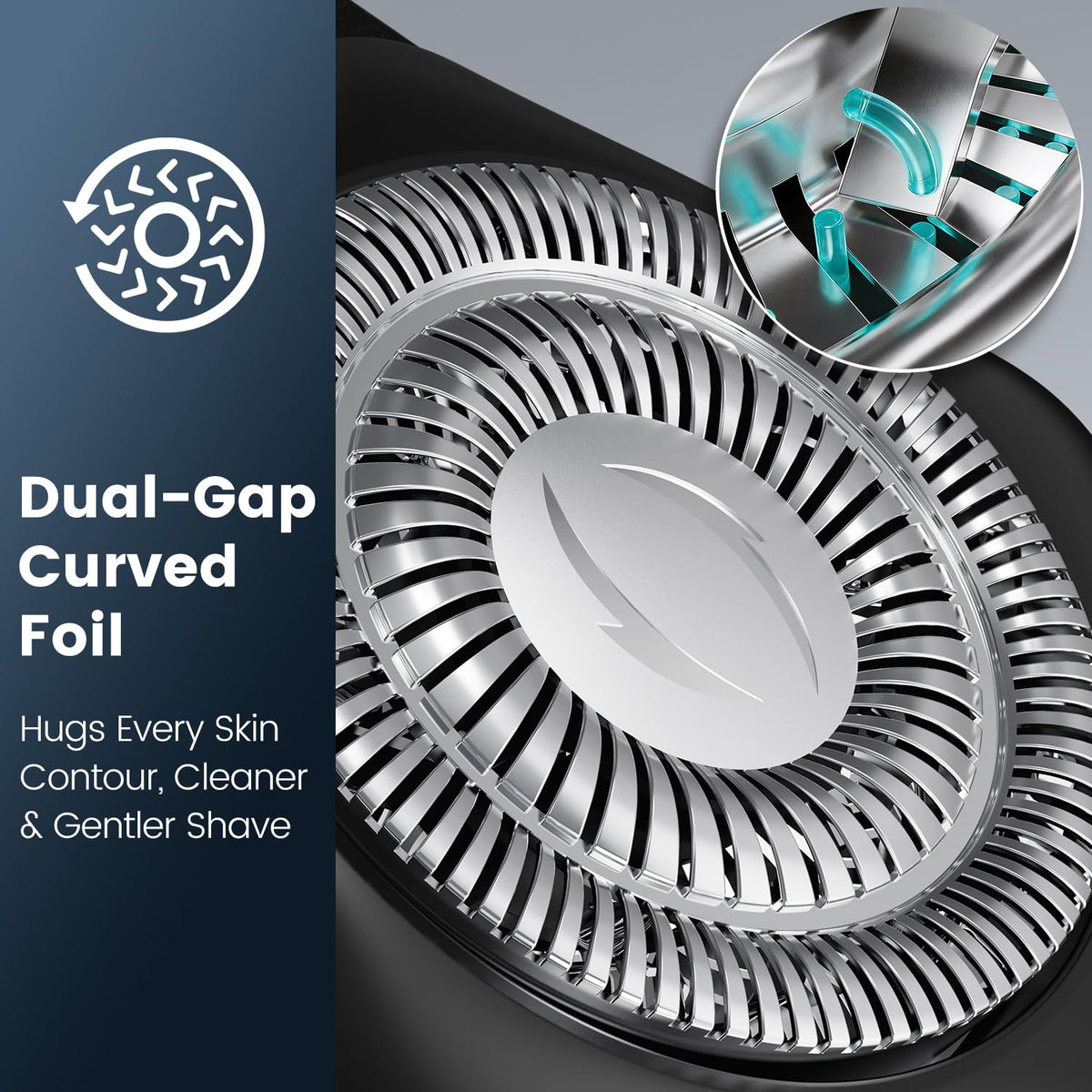 OIAMTO curved foil close-up highlighting contour fit for closer shaves