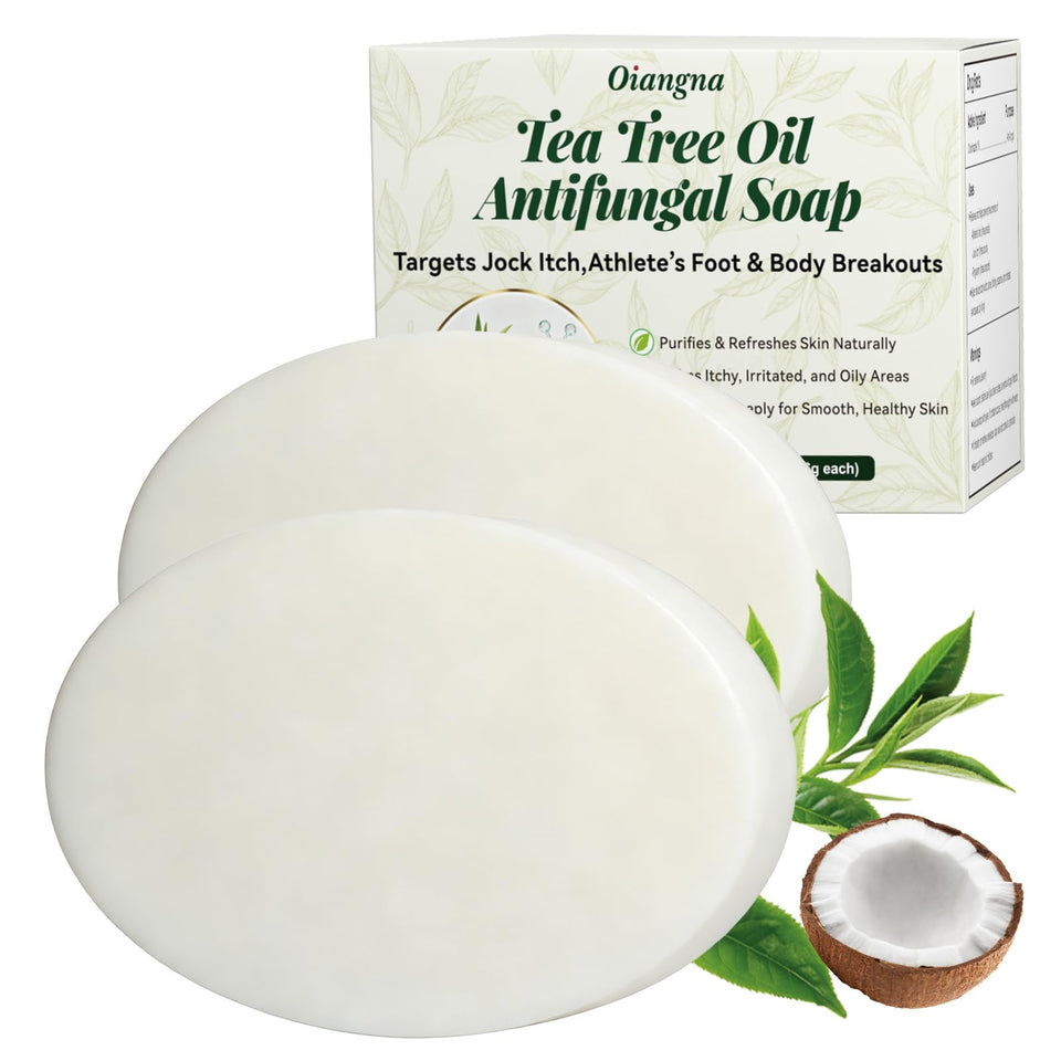 Oiangna front packaging showing two tea tree antifungal bars and benefits