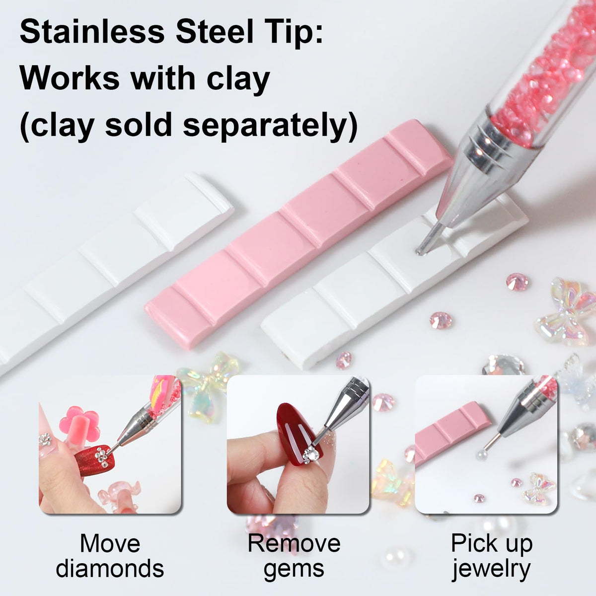 OIFEN tool in use picking a rhinestone on a nail for fast, precise placement