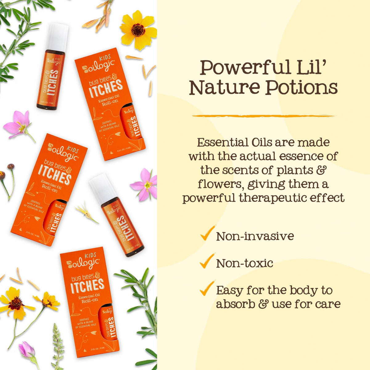 Small glass bottles of the essential oils used in Oilogic and fresh botanicals highlighting natural ingredients