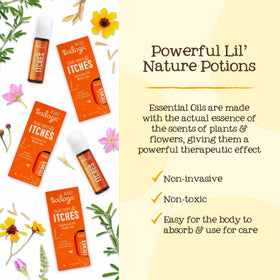 Small glass bottles of the essential oils used in Oilogic and fresh botanicals highlighting natural ingredients