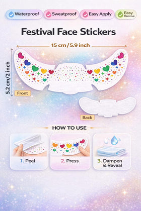Oiomniv stickers applied to cheek, demonstrating quick festive makeup boost