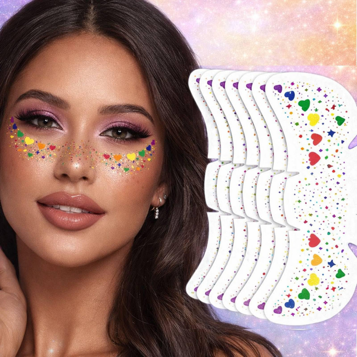 Oiomniv front packaging showing six sheets and colorful hearts, easy festival styling