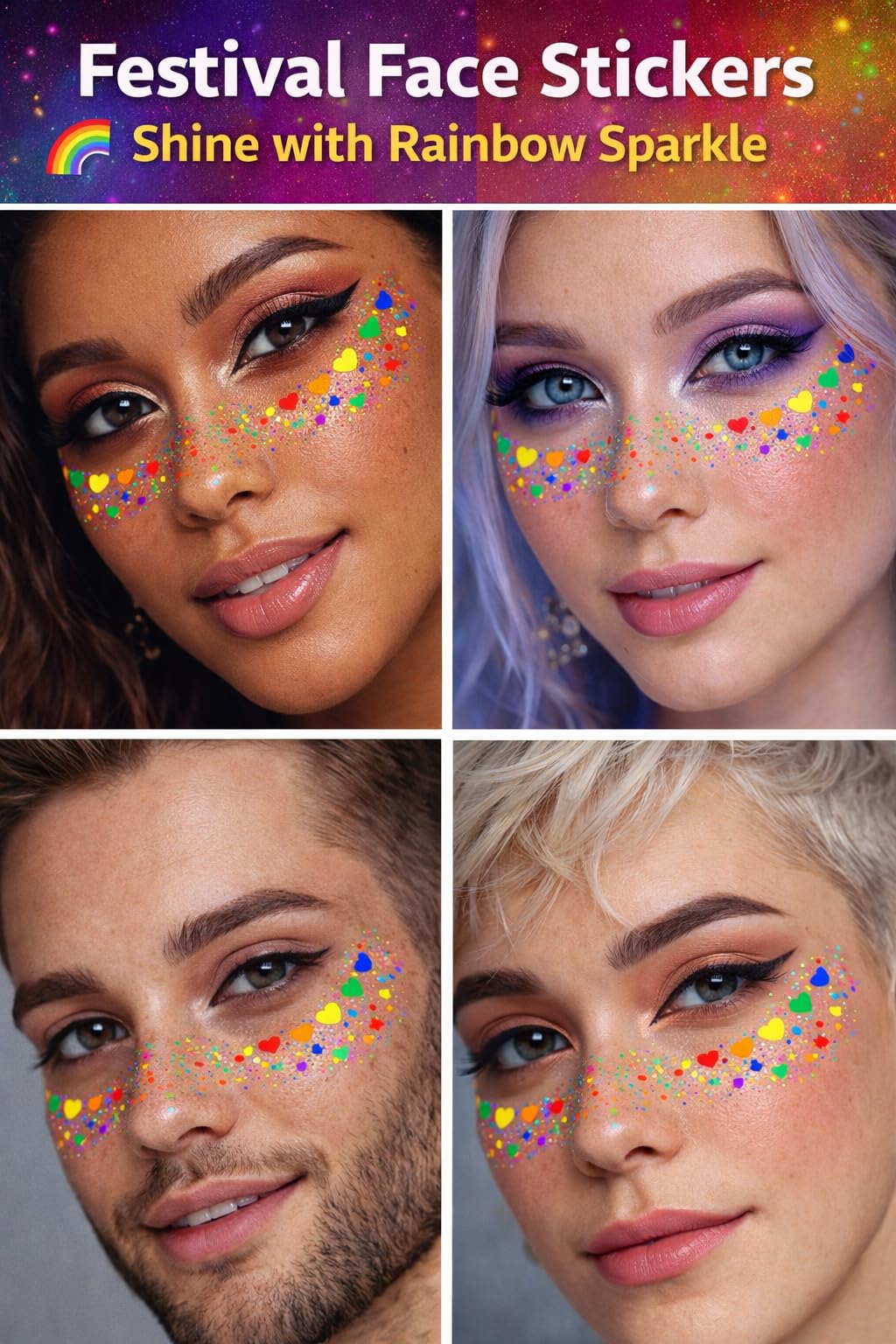 Person at Pride parade wearing Oiomniv rainbow hearts, vibrant photo-ready look