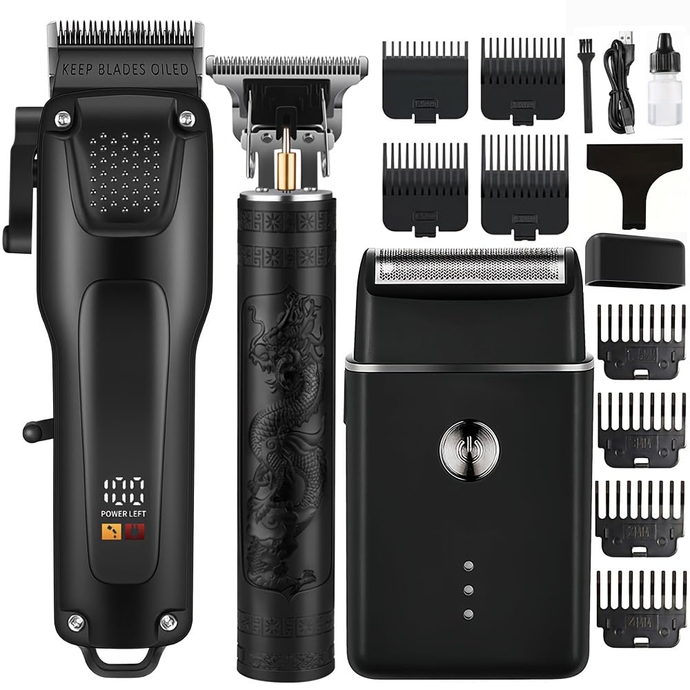 OIYO front view of the 3-in-1 grooming kit showing tools and combs for easy home haircuts
