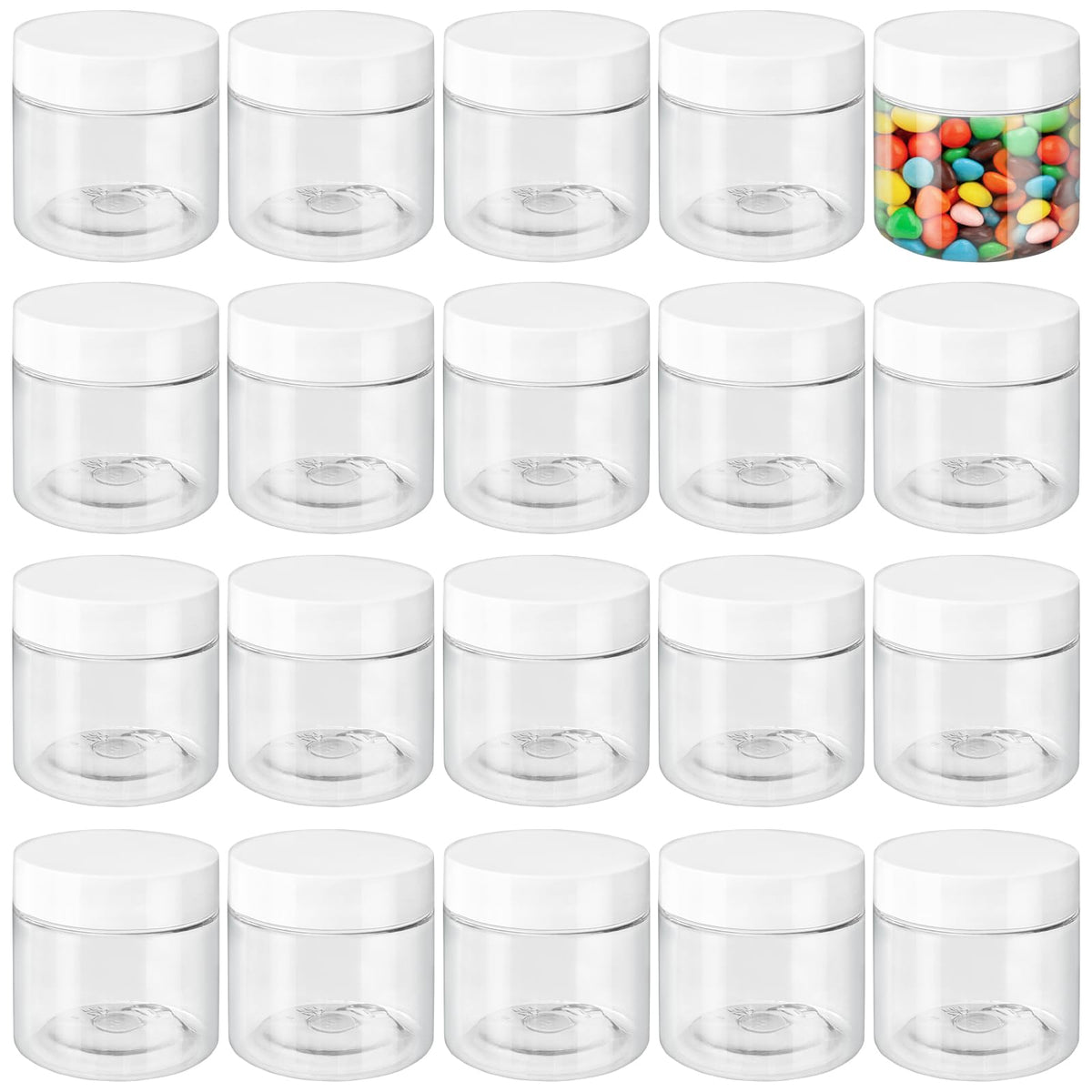 OJYUDD front view of 20 clear 2 oz jars showing white lids and tidy packaging, easy travel storage