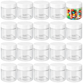 OJYUDD front view of 20 clear 2 oz jars showing white lids and tidy packaging, easy travel storage