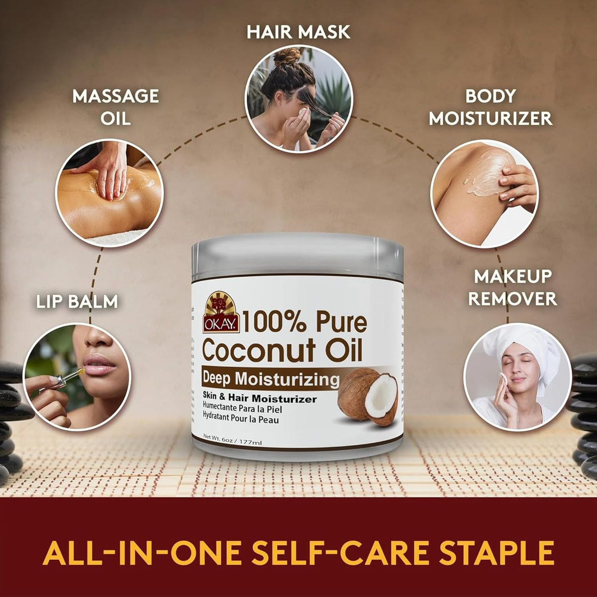 OKAY jar held in hands to show 6 fl oz scale and travel-friendly size