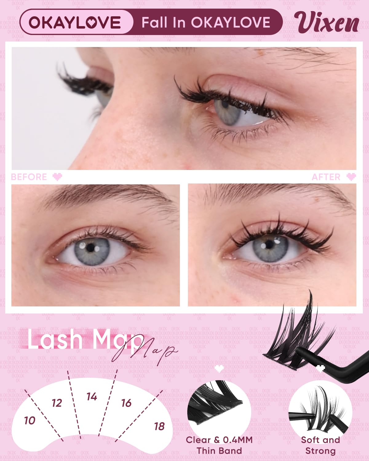 OKAYLOVE Vixen spread showing 10–18mm clusters for customizable length