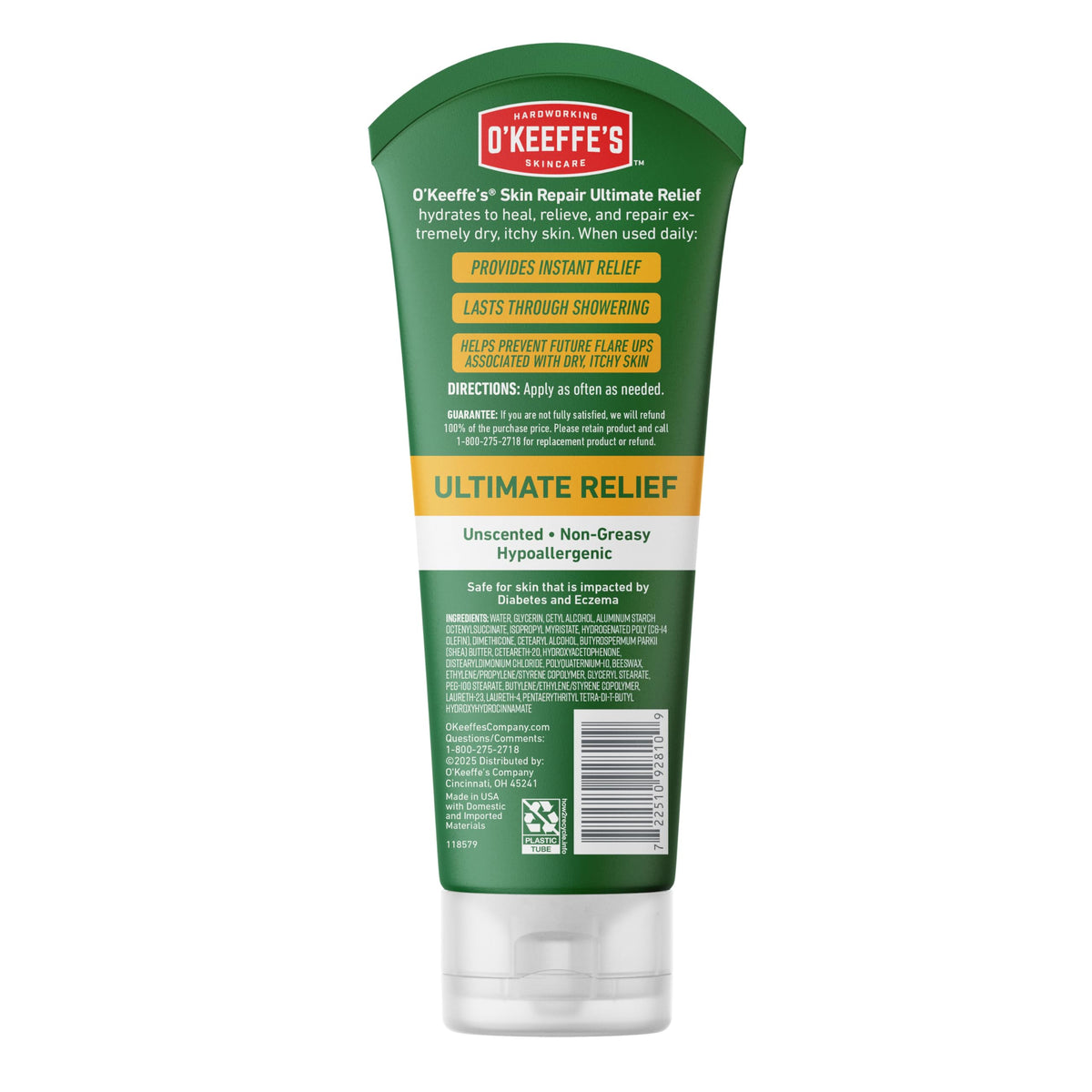 O'Keeffe's back of tube showing directions and ingredient info for informed use