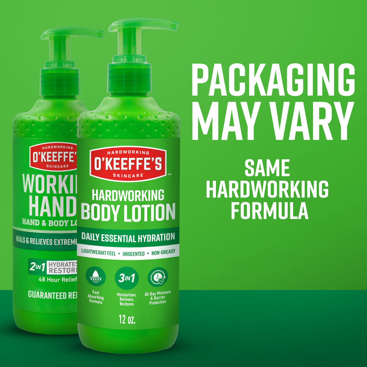 O'Keeffe's bottle next to towels showing daily routine convenience benefit